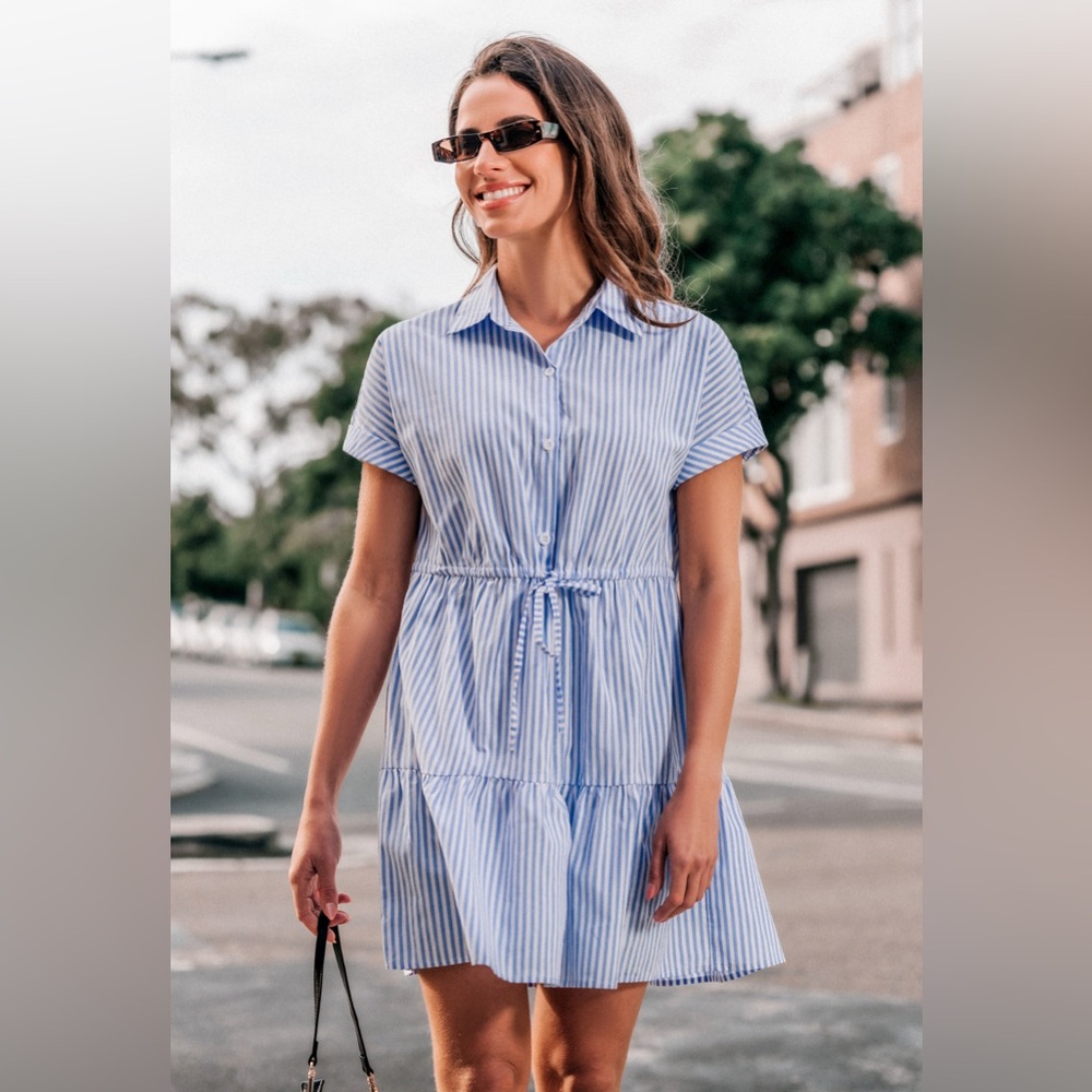 NWT CUPSHE Blue Collared Short Sleeve Striped Mini Dress